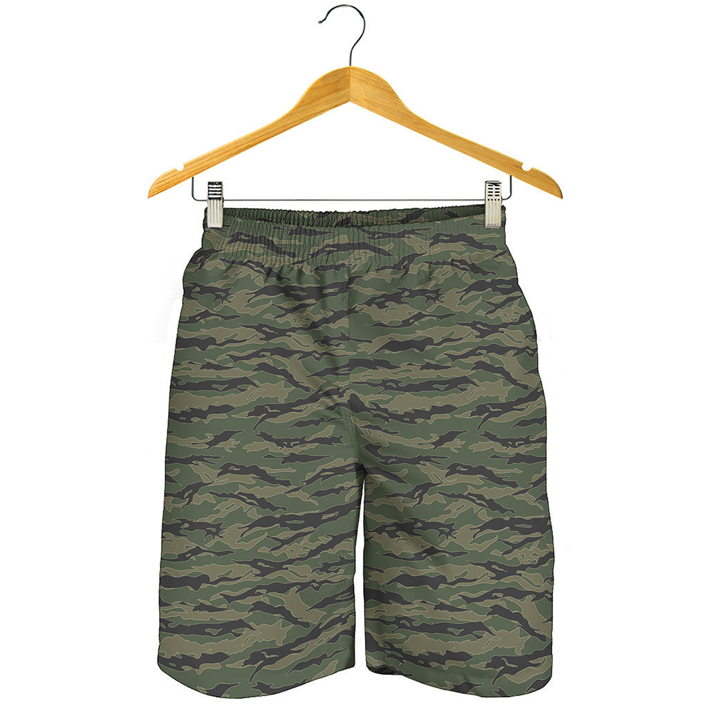 Green Tiger Stripe Camouflage Print Men's Shorts