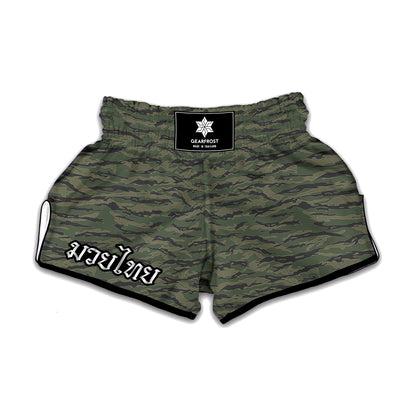 Green Tiger Stripe Camouflage Print Muay Thai Boxing Shorts