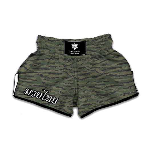 Green Tiger Stripe Camouflage Print Muay Thai Boxing Shorts