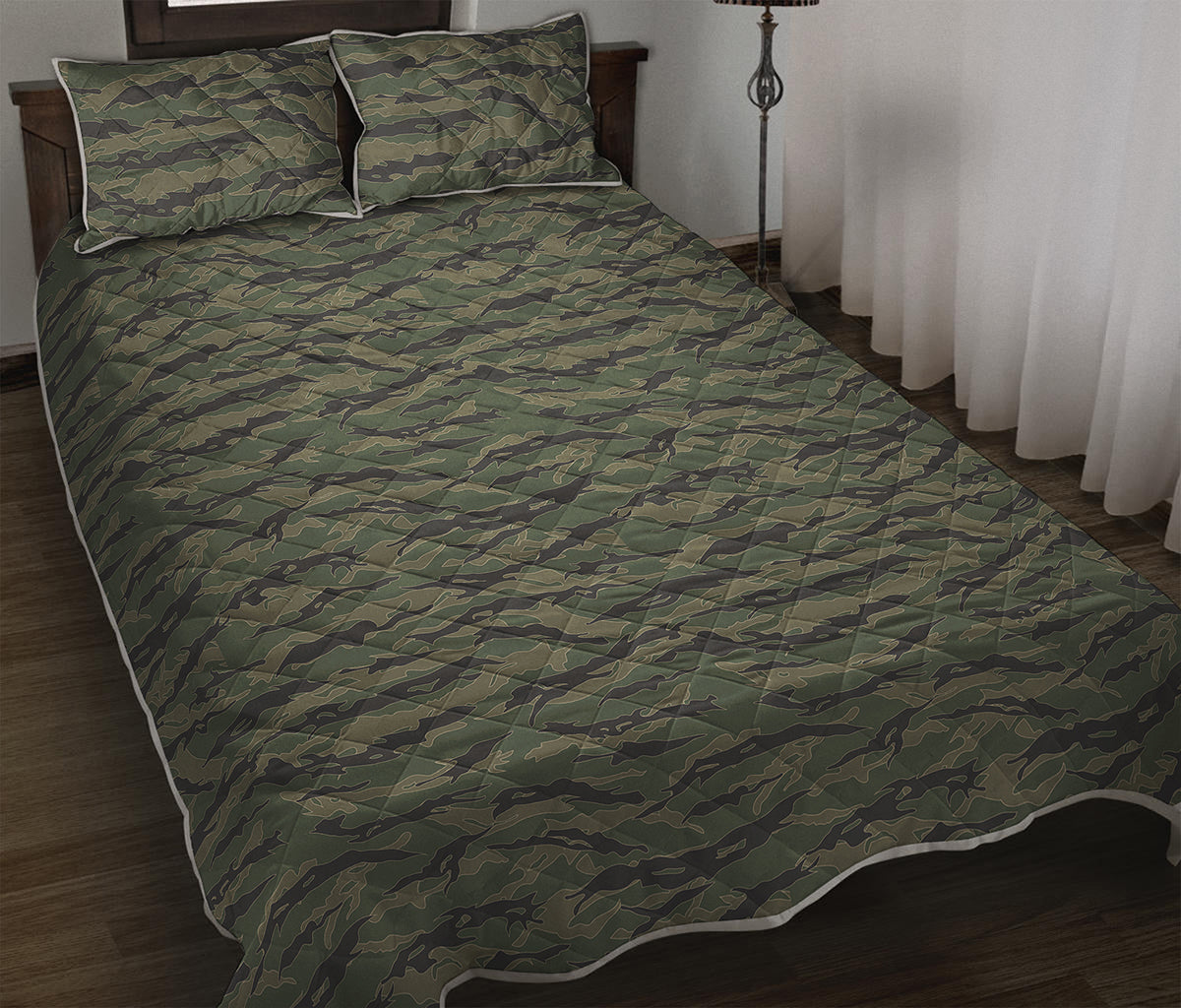Green Tiger Stripe Camouflage Print Quilt Bed Set