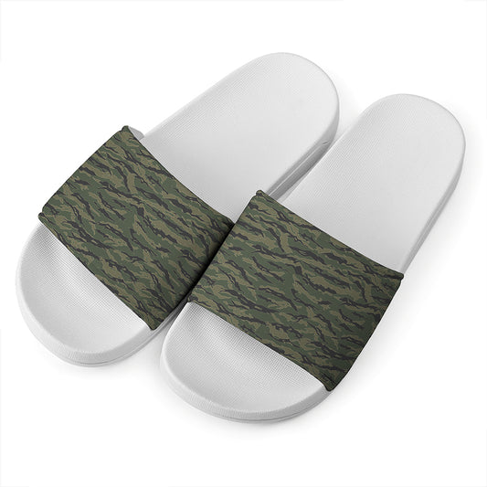 Green Tiger Stripe Camouflage Print White Slide Sandals
