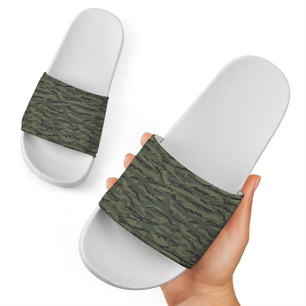 Green Tiger Stripe Camouflage Print White Slide Sandals