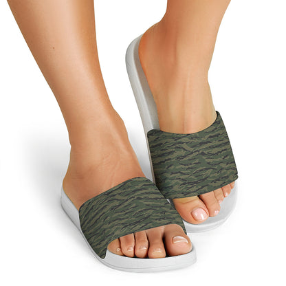Green Tiger Stripe Camouflage Print White Slide Sandals