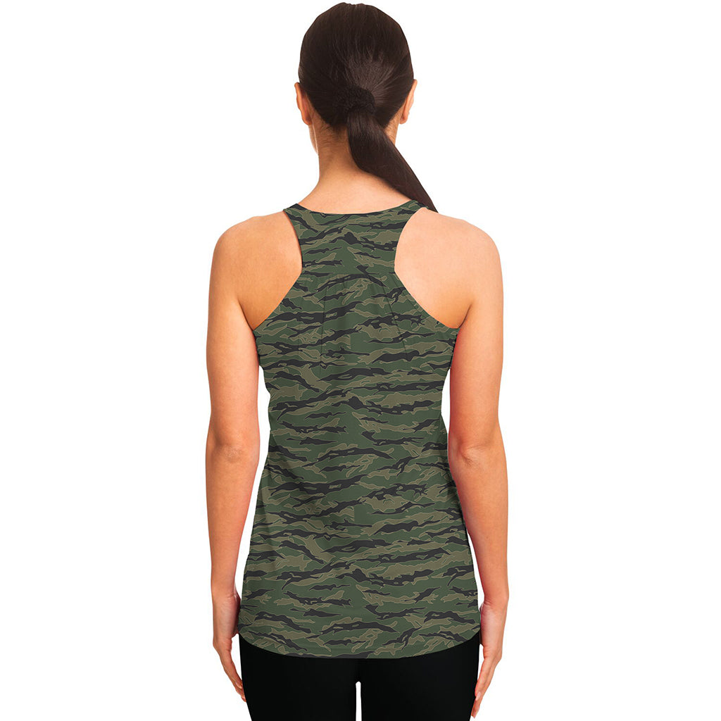 Green Tiger Stripe Camouflage Print Women's Racerback Tank Top