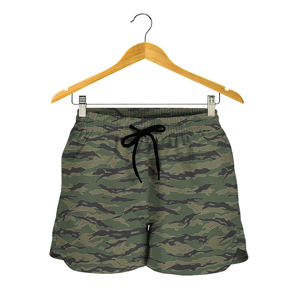 Green Tiger Stripe Camouflage Print Women's Shorts