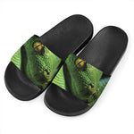 Green Tree Python Snake Print Black Slide Sandals