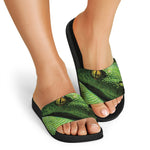 Green Tree Python Snake Print Black Slide Sandals