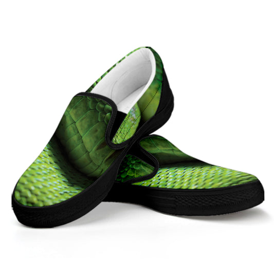 Green Tree Python Snake Print Black Slip On Shoes