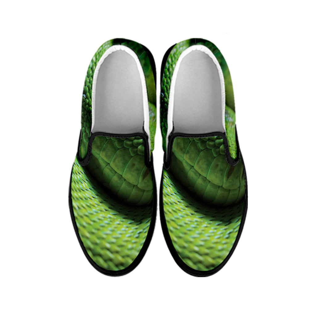 Green Tree Python Snake Print Black Slip On Shoes