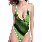Green Tree Python Snake Print High Cut One Piece Swimsuit