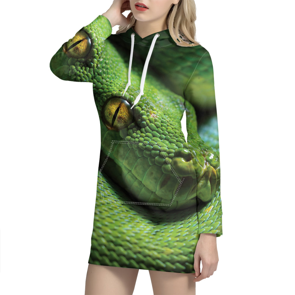 Green Tree Python Snake Print Pullover Hoodie Dress