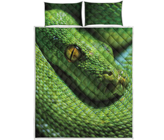 Green Tree Python Snake Print Quilt Bed Set
