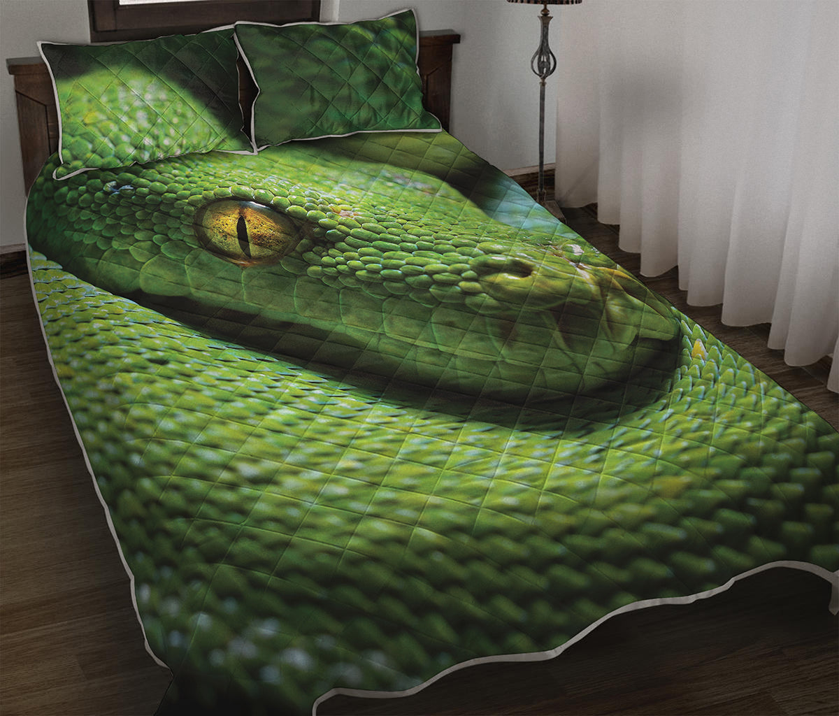 Green Tree Python Snake Print Quilt Bed Set