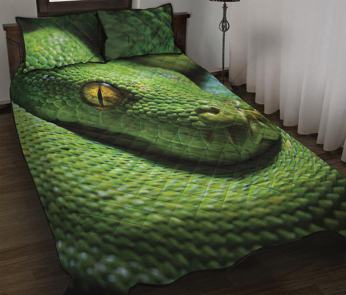 Green Tree Python Snake Print Quilt Bed Set