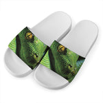 Green Tree Python Snake Print White Slide Sandals