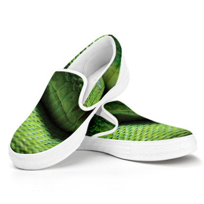 Green Tree Python Snake Print White Slip On Shoes