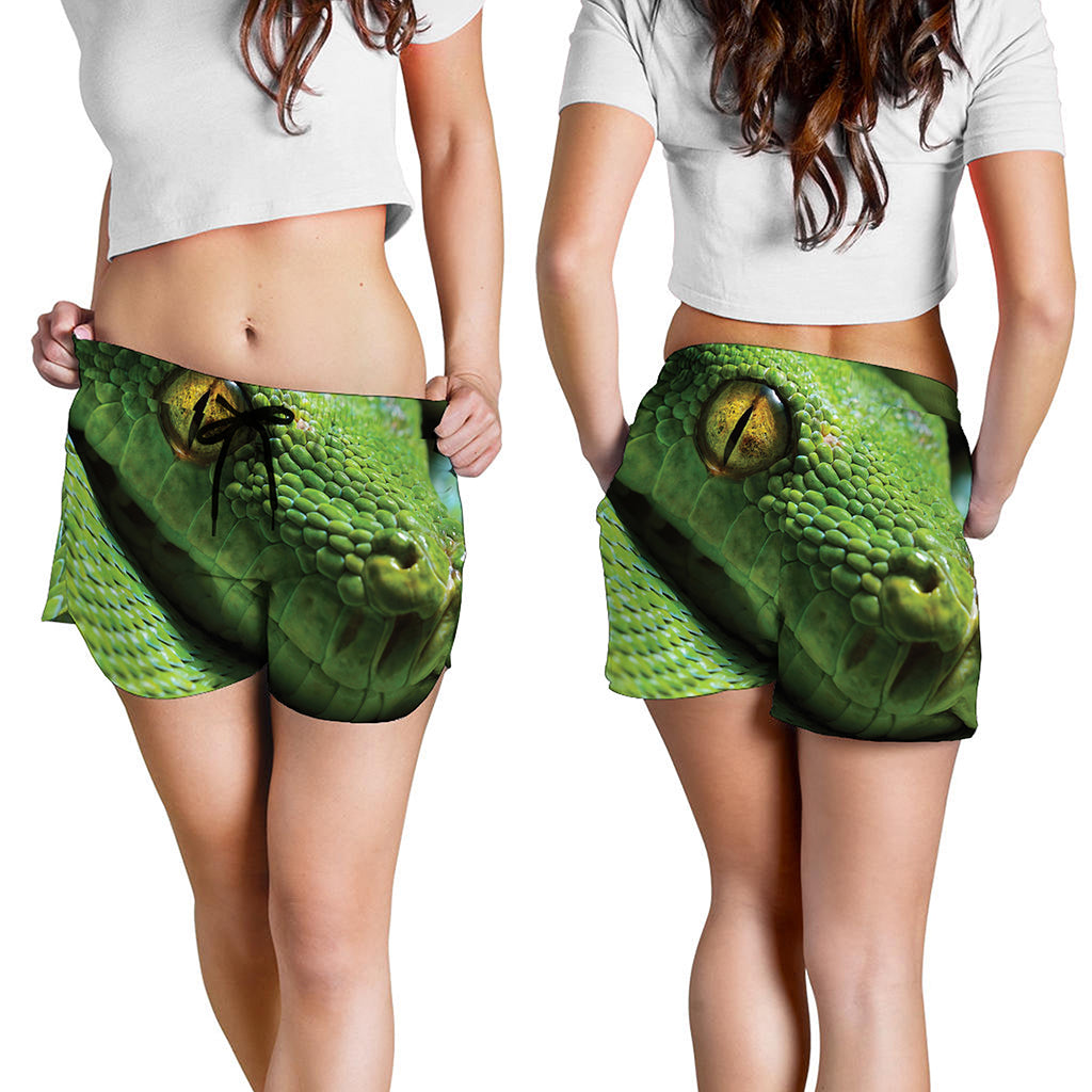 Green Tree Python Snake Print Women's Shorts