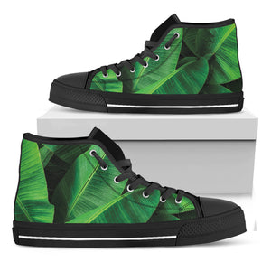 Green Tropical Banana Palm Leaf Print Black High Top Shoes