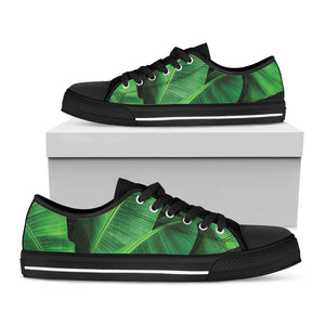 Green Tropical Banana Palm Leaf Print Black Low Top Shoes