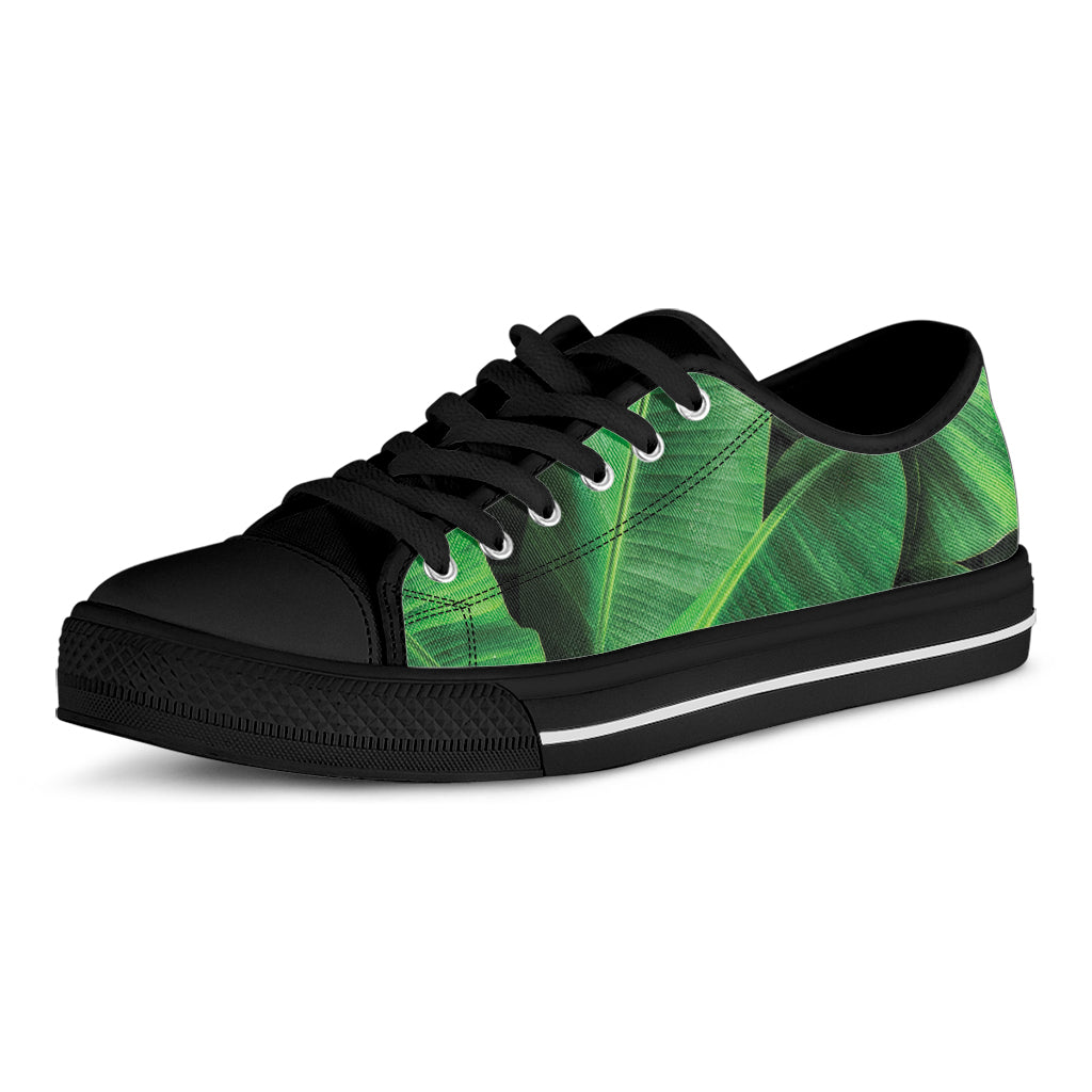 Green Tropical Banana Palm Leaf Print Black Low Top Shoes