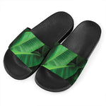 Green Tropical Banana Palm Leaf Print Black Slide Sandals