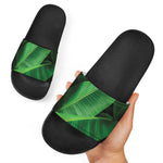 Green Tropical Banana Palm Leaf Print Black Slide Sandals
