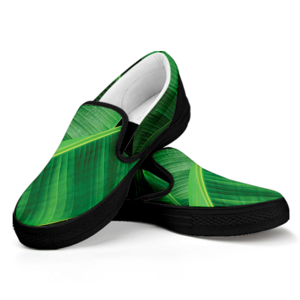 Green Tropical Banana Palm Leaf Print Black Slip On Shoes