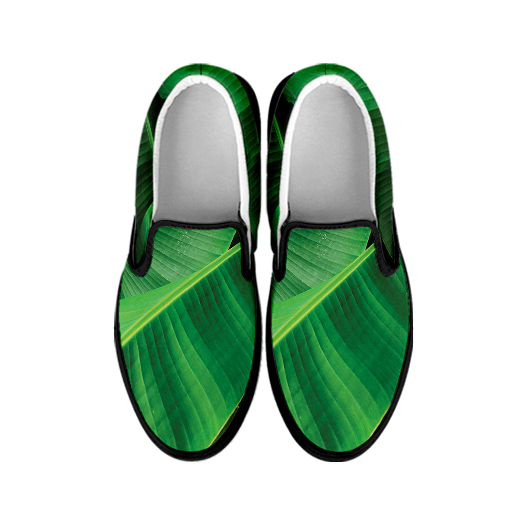 Green Tropical Banana Palm Leaf Print Black Slip On Shoes