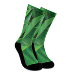 Green Tropical Banana Palm Leaf Print Crew Socks