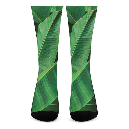Green Tropical Banana Palm Leaf Print Crew Socks