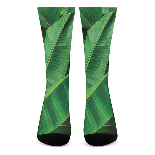 Green Tropical Banana Palm Leaf Print Crew Socks