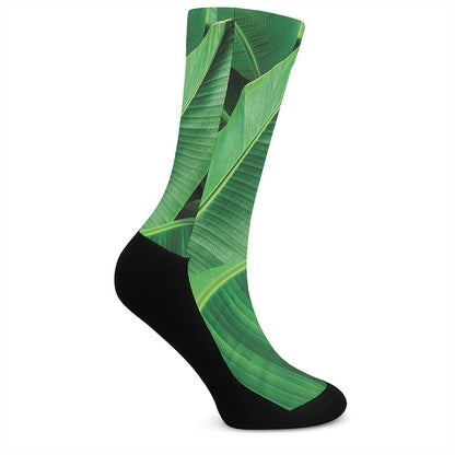 Green Tropical Banana Palm Leaf Print Crew Socks