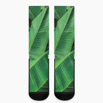 Green Tropical Banana Palm Leaf Print Crew Socks