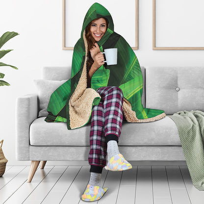 Green Tropical Banana Palm Leaf Print Hooded Blanket