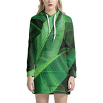 Green Tropical Banana Palm Leaf Print Hoodie Dress