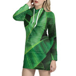 Green Tropical Banana Palm Leaf Print Hoodie Dress