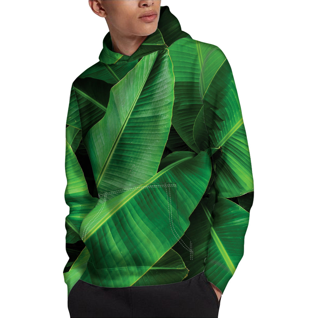 Green Tropical Banana Palm Leaf Print Pullover Hoodie