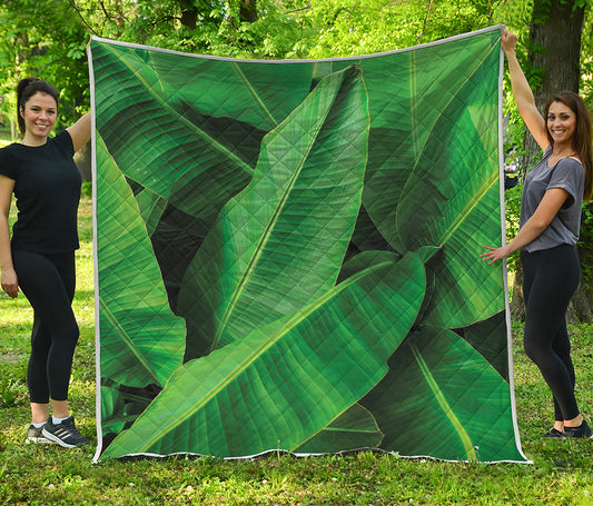 Green Tropical Banana Palm Leaf Print Quilt