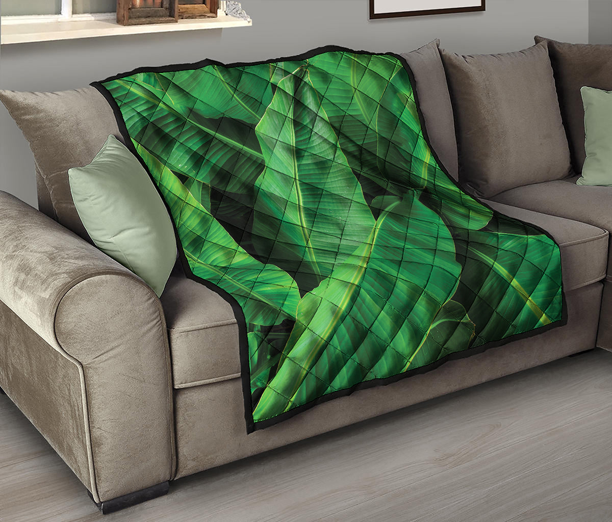 Green Tropical Banana Palm Leaf Print Quilt