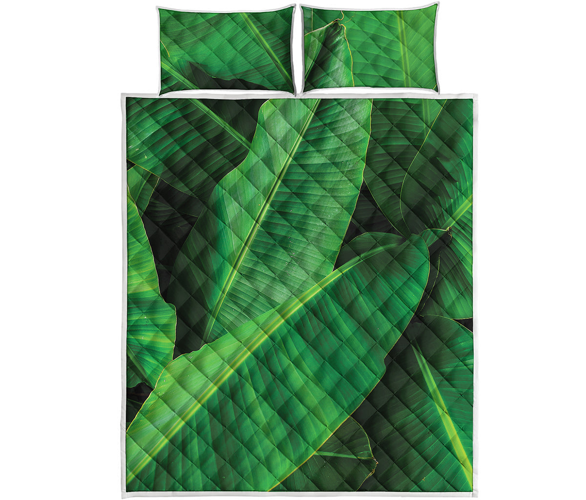 Green Tropical Banana Palm Leaf Print Quilt Bed Set