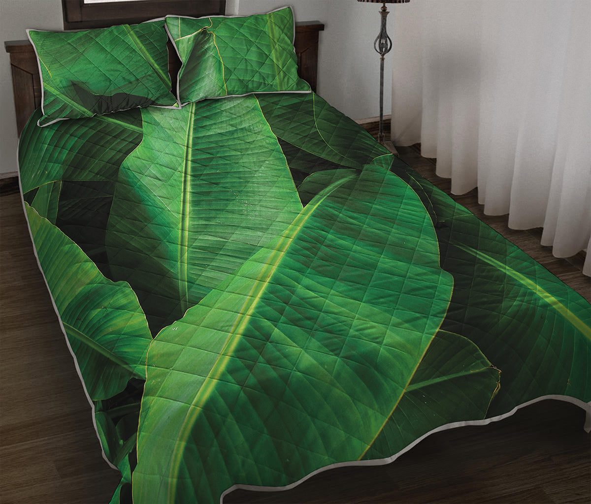 Green Tropical Banana Palm Leaf Print Quilt Bed Set