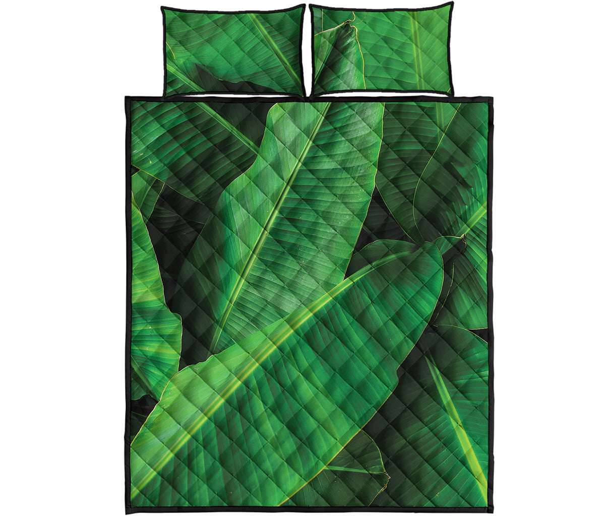 Green Tropical Banana Palm Leaf Print Quilt Bed Set