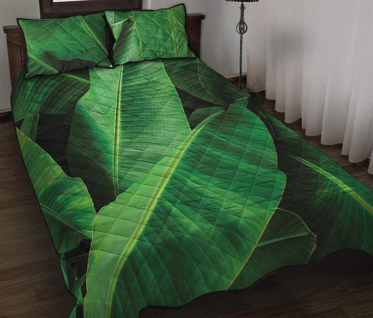 Green Tropical Banana Palm Leaf Print Quilt Bed Set