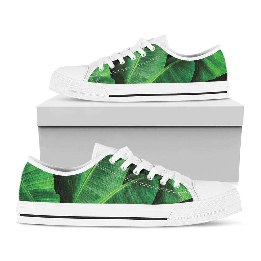 Green Tropical Banana Palm Leaf Print White Low Top Shoes