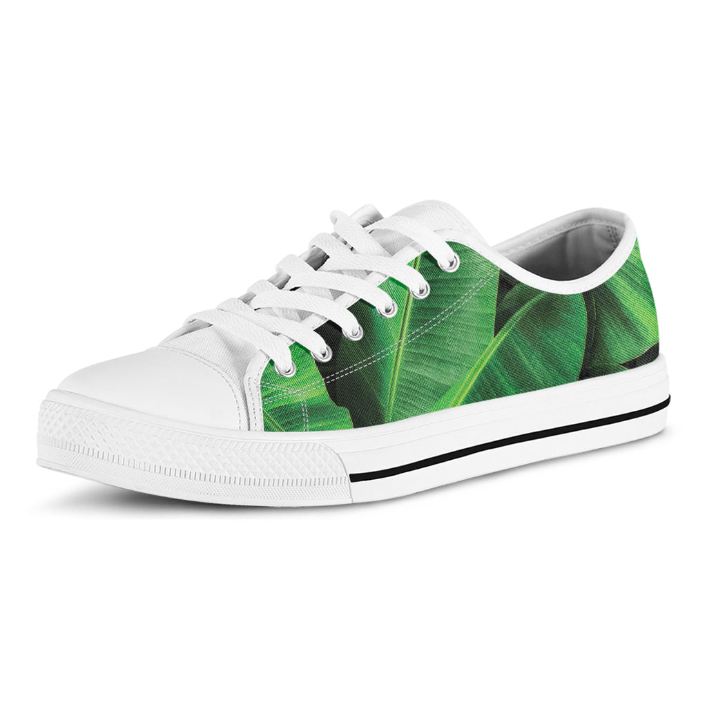 Green Tropical Banana Palm Leaf Print White Low Top Shoes