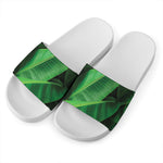 Green Tropical Banana Palm Leaf Print White Slide Sandals