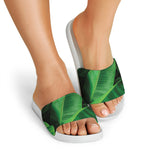 Green Tropical Banana Palm Leaf Print White Slide Sandals