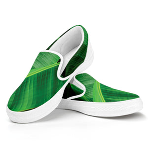 Green Tropical Banana Palm Leaf Print White Slip On Shoes