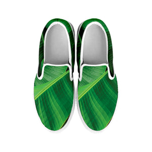 Green Tropical Banana Palm Leaf Print White Slip On Shoes