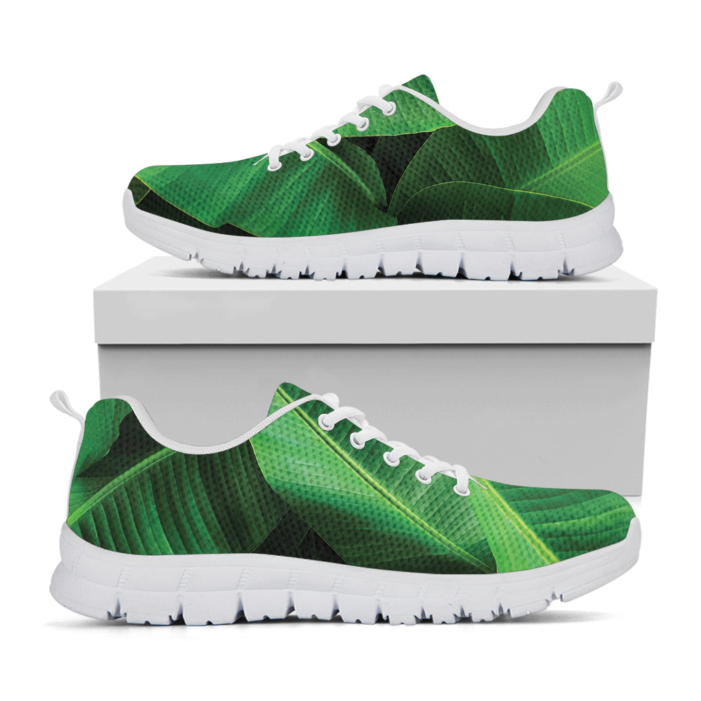 Green Tropical Banana Palm Leaf Print White Sneakers